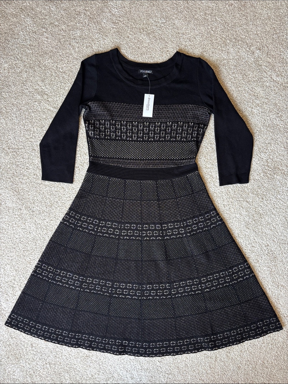 Roz & Ali Black Patterned Knit Fit-and-Flare Dress